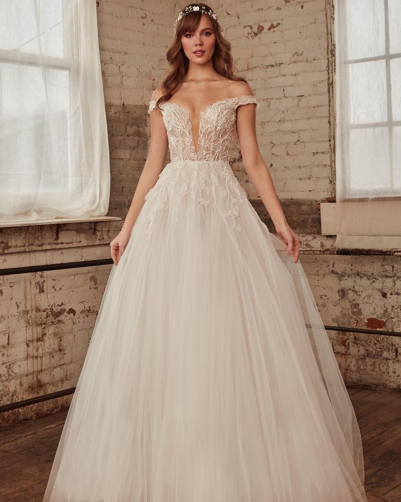 La21224 off the shoulder lace and tulle wedding dress with a line silhouette2